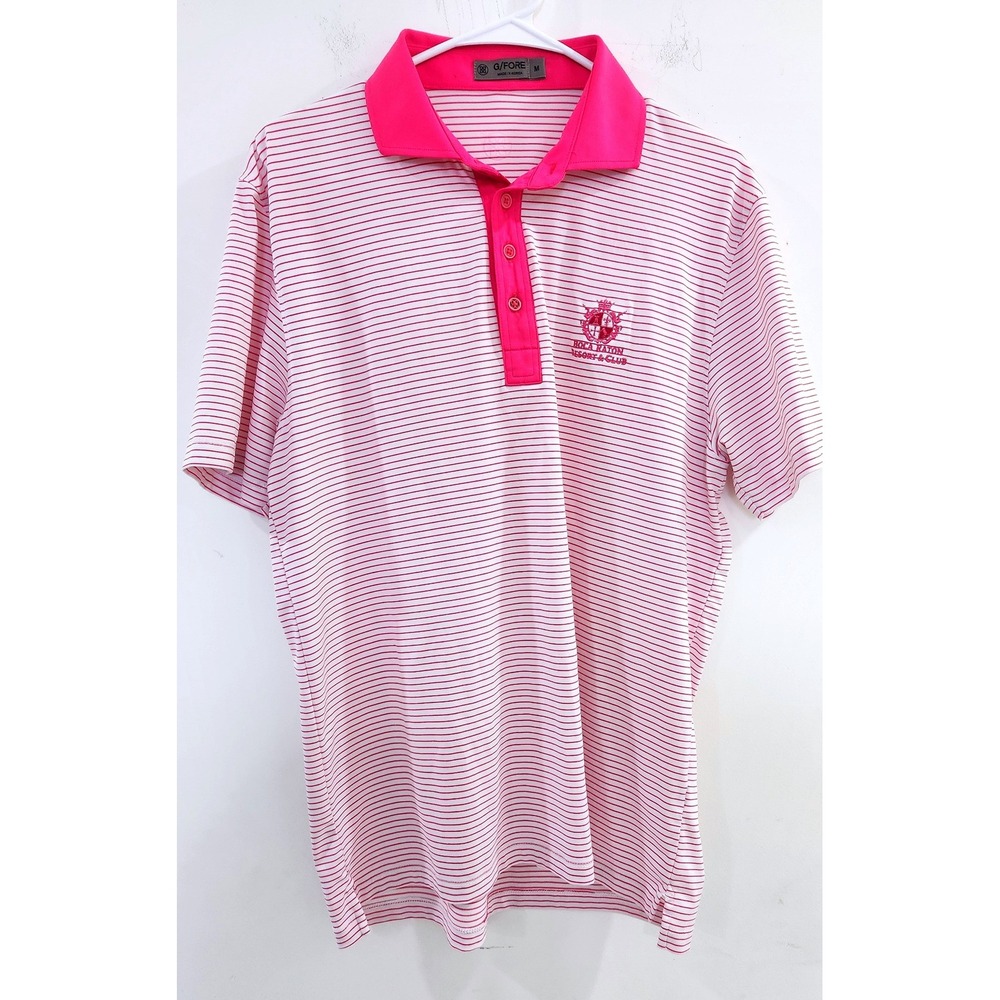 G/FORE Mens Pink White Striped Golf Polo Shirt Boca Raton Resort Size M